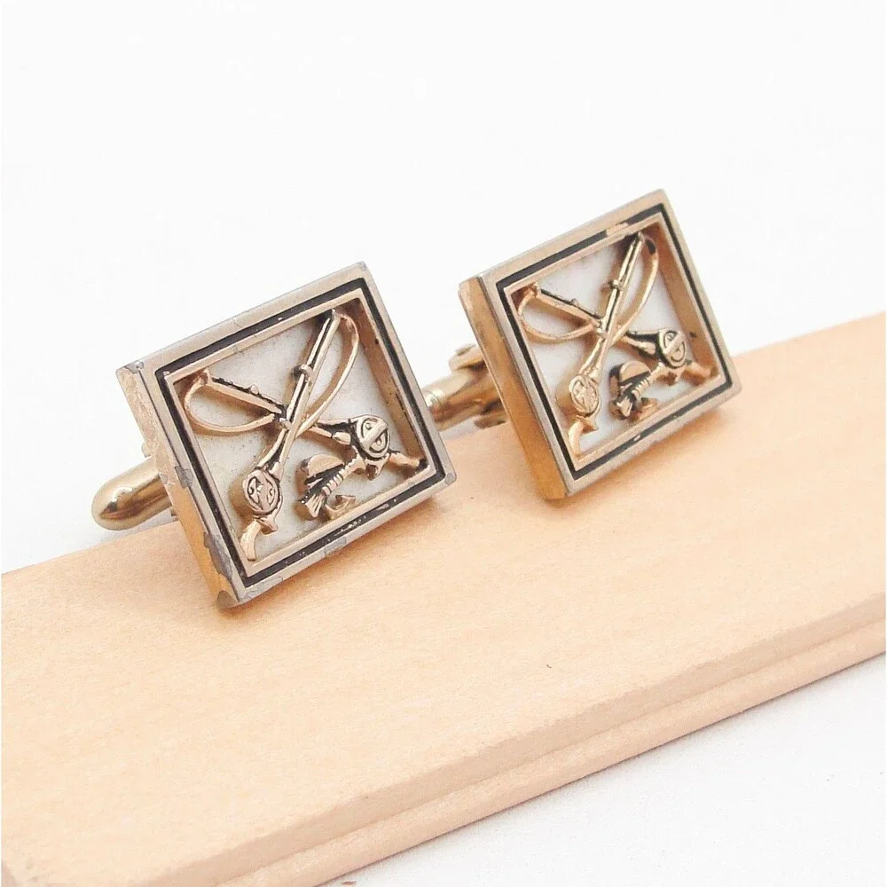 Vintage Swank Fly Fishing Cufflinks Gold Tone Mother of Pearl Rod Reel Sportsman
